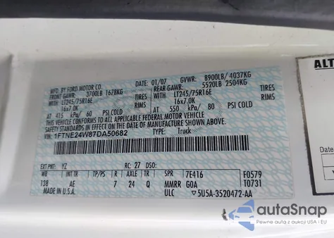 2007 Ford Econoline E250 Van from USA, damaged, VIN 1FTNE24W87DA50682